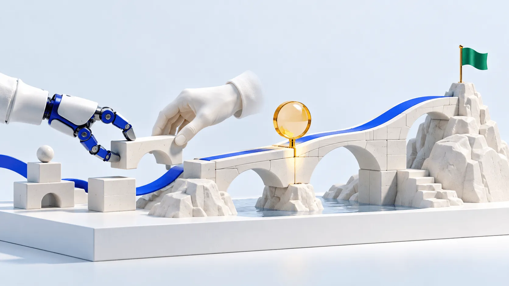 A person and a robotic arm working on a bridge between two platforms.